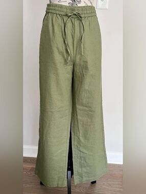 J.Crew Linen Pants Size 6 Olive Green Wide Leg Drawstring Casual Pants